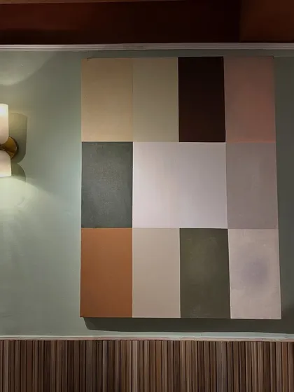 A closer look at the 3ft x 4ft color block canvas. The earthy and muted tones are designed to complement the cafe's interior design.