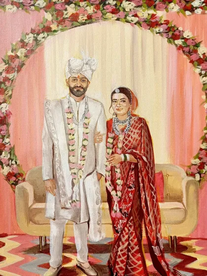 A close-up of the couple from the Civil Lines wedding. The detail on the bride's red saree and the groom's white sherwani was a joy to paint.