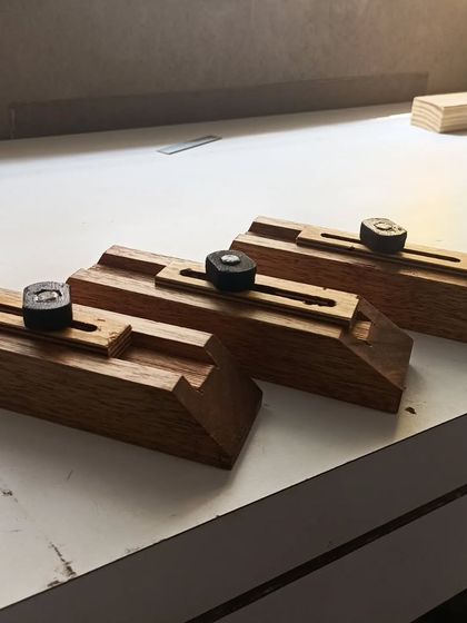 These are the jigs I've made to help create the precise angles needed for the infill pieces of a triangle grid Kumiko. Good jigs are the secret to accuracy and repeatability in woodworking.