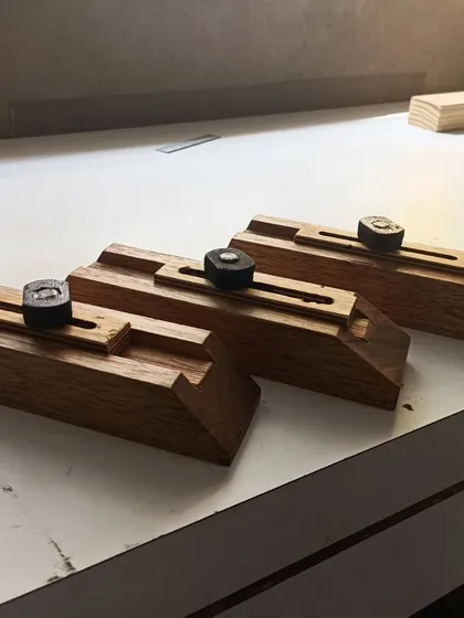 These are the jigs I've made to help create the precise angles needed for the infill pieces of a triangle grid Kumiko. Good jigs are the secret to accuracy and repeatability in woodworking.