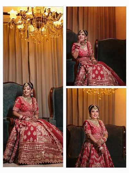 A collage of the bride posing elegantly in her full wedding attire, seated in a classic armchair under a chandelier.