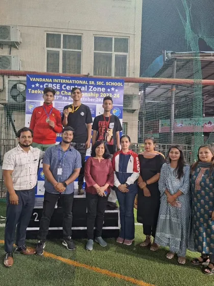 My students on the podium at the CBSE Taekwondo Championship 2023. Four of my students were selected for CBSE Nationals from this event.