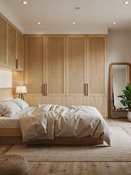 This floor-to-ceiling wardrobe with rattan doors provides ample storage while maintaining a light, airy feel, perfectly complementing the room's connection to the balcony.
