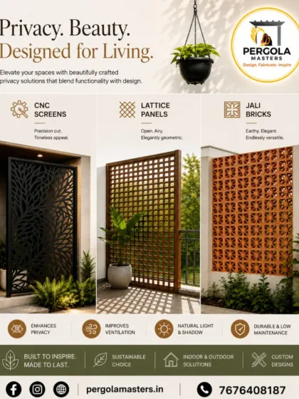 We offer a range of custom privacy solutions to suit different architectural styles. This overview shows three of our core offerings: precision-cut CNC screens for artistic flair, classic lattice panels for airy separation, and earthy jali bricks for timeless, natural ventilation.