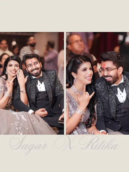 Candid moments from an engagement ceremony. The groom's textured black tuxedo looks sharp and elegant, proving our outfits are made for real celebrations.