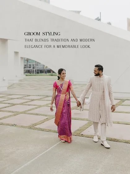 Groom styling that blends tradition and modern elegance. For this Tamilian wedding, the groom's blush Sarab Khanijou ensemble was a soft echo to the bride's vibrant hot pink saree, creating a beautiful cultural and color-coordinated look.