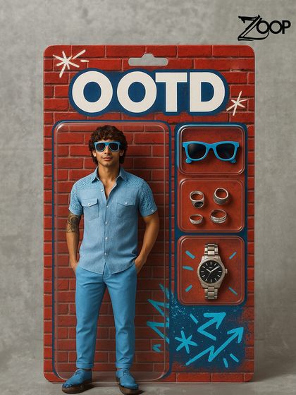 A playful OOTD graphic featuring a blue co-ord set. It shows how my informal suits and shirts offer the perfect balance between looking sharp and staying comfortable.