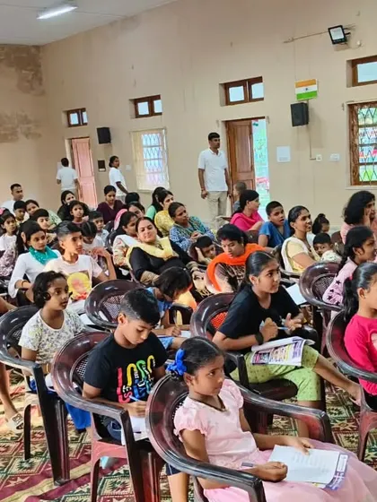 An attentive audience of children and parents at our Ranchi workshop. We create a comfortable and focused environment where everyone feels encouraged to learn and participate.