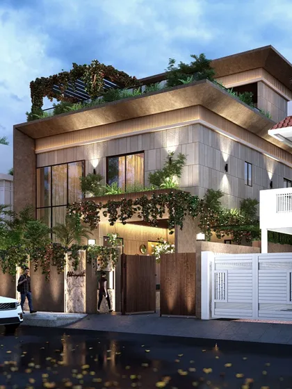'Abhivyakti', our upcoming residential project in Lucknow, is an expression of our design philosophy. The facade uses natural stone, extensive greenery cascading over the walls, and warm lighting to create an inviting and organic modern home.
