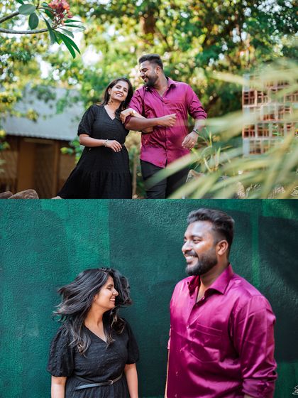 This set shows the variety within a single pre-wedding shoot, from a romantic pose in a lush green setting to a candid, windswept moment against a textured wall. It highlights my ability to capture different moods and styles.