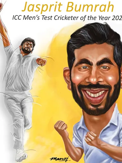 A celebratory caricature for Jasprit Bumrah being named ICC Men's Test Cricketer of the Year.
