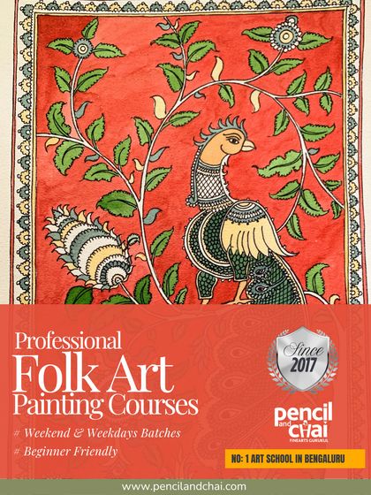 This promotional image highlights our professional folk art courses, featuring a beautiful Kalamkari piece. We offer both weekend and weekday batches, making it accessible for everyone.