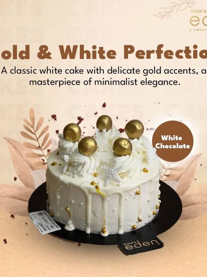 Gold and white perfection. A classic white chocolate cake with delicate gold accents, this masterpiece of minimalist elegance is perfect for a sophisticated celebration.