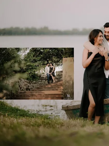 A layered composition showing the couple enjoying a moment by the lake. This editing style adds a creative flair to the pre-wedding photo collection.