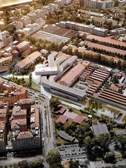 This aerial view shows my competition entry for the MAXXI Multifunctional Building in Rome, situated next to the iconic museum by Zaha Hadid. The design proposes a new landscape and building that respects the existing context while introducing principles of circular economy.