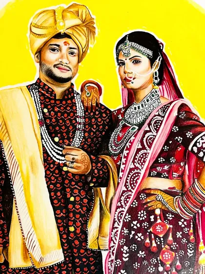 The full, completed wedding portrait. The bright yellow background makes the couple the center of attention, celebrating their big day.