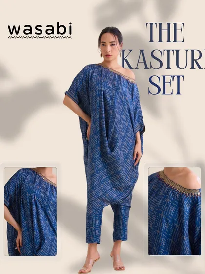 This is the Kasturi Set, a piece you wear when you want to look and feel completely effortless. The drop-shoulder top has a beautiful drape, and I added delicate embroidery along the neckline. It’s crafted in cotton silk for that perfect, breezy feel.