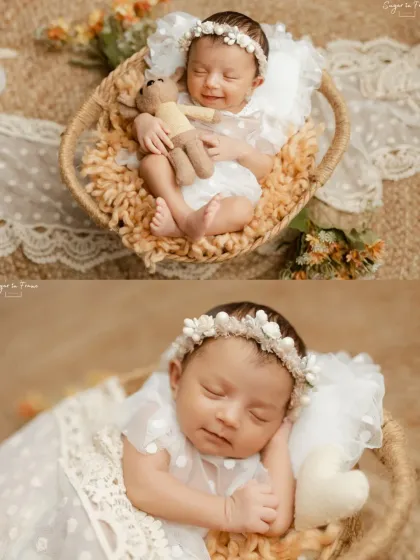 A collage showing two poses from the same session, one with a sweet smile and another peacefully asleep in a beautiful white lace outfit.