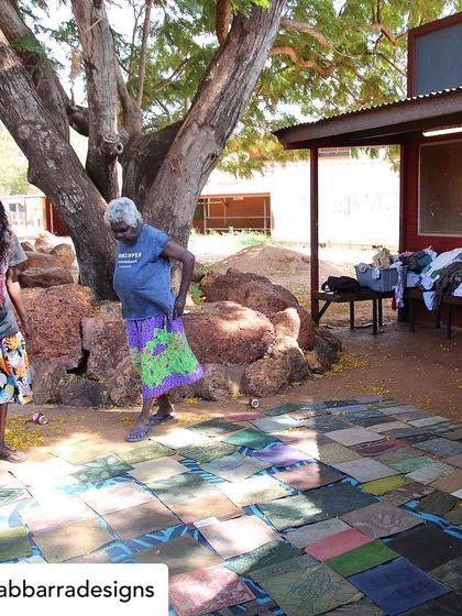 Our collaboration with the artisans of Bábbarra Designs is a story that continues to unfold. Here, they are selecting historic lino tiles which our artisans will translate into durable teak woodblocks, preserving their craft for a new generation.