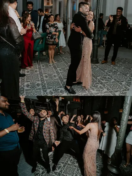 A collage capturing the high-energy dancing and celebration with friends and family at a lively cocktail party.
