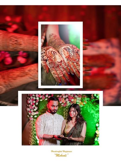 A photo collage from a Mehndi ceremony, featuring a detailed close-up of the intricate henna design on the bride's hands. It also includes a candid shot of the couple, capturing a quiet moment during the festivities.