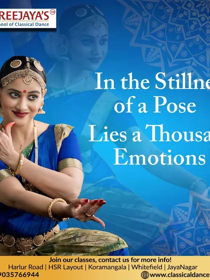"In the stillness of a pose lies a thousand emotions." A promotional graphic highlighting the expressive depth of Bharatanatyam.