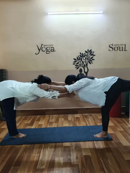 Finding equilibrium together in a partner Virabhadrasana III (Warrior III). This pose requires immense focus, strength, and trust as both partners act as a counterbalance for each other.