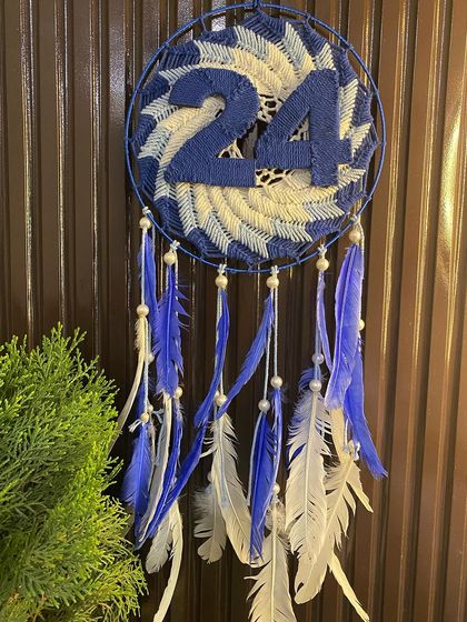 A clear, straight-on shot of the numerology dreamcatcher, highlighting the detailed weaving and the arrangement of the feathers.