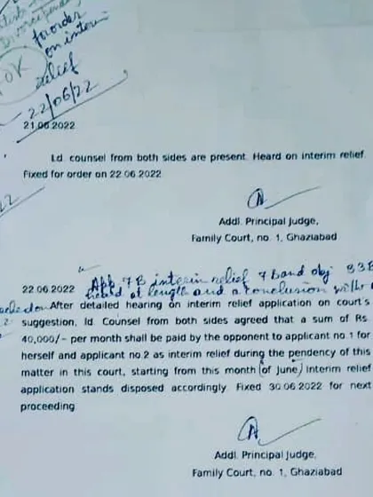 An interim maintenance order from the Family Court in Ghaziabad. We secured a monthly maintenance of ₹40,000 for our client during the pendency of her case.