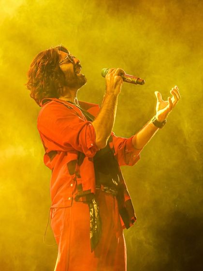 Sachin Sanghvi of Sachin-Jigar in his element during a high-energy performance. Our technical production ensures every artist sounds and looks their best on stage.