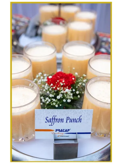 Introducing the "Saffron Punch," a unique and aromatic mocktail that awakens the taste buds. Its creamy texture and rich saffron flavor provide an unforgettable experience.
