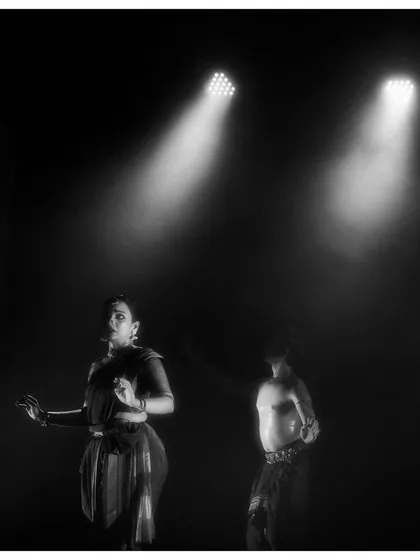 A black and white photo from 'Nagamandala', capturing the raw emotion and drama of the performance.