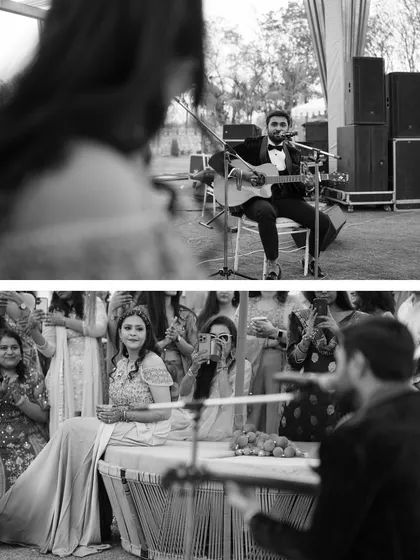 A groom's heartfelt performance for his bride. This black and white shot captures the emotion of the moment as Rajveer serenades Preetika at their Sangeet.
