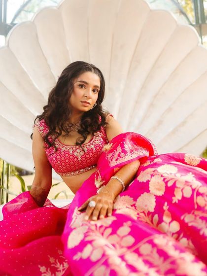 Another angle of Shree's Mehendi look, highlighting the delicate floral motifs on her lehenga. The entire vibe is fresh and feminine.