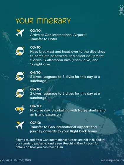 The detailed day-by-day itinerary for our Addu Atoll trip. We plan everything so you can just relax and enjoy the dives.