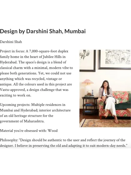 A snippet from my AD100 feature, where I discuss my design philosophy: "Design should be authentic to the user and reflect the journey of the designer. I believe in preserving the old and adapting it to suit modern-day needs."