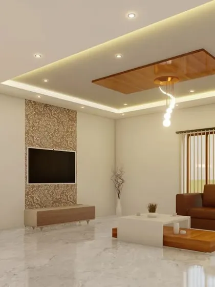 This render shows a spacious office waiting area designed for comfort. It features a large leather sofa, a statement TV wall, and a modern false ceiling with a unique light fixture.