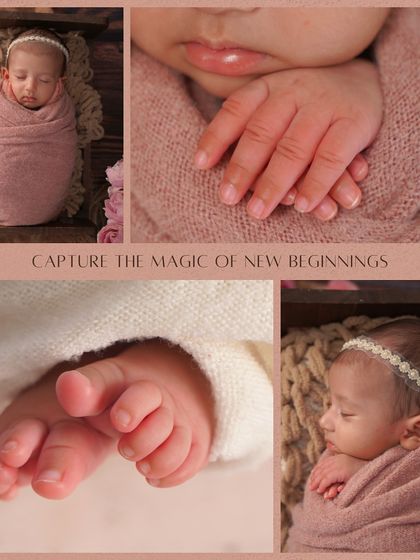 This collage showcases a full session, combining portraits of the sleeping baby with close-up shots of her tiny hands and feet, all in a soft pink theme.