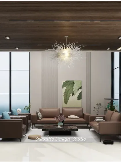 A different perspective of the lakeside living room, this render focuses on the warm wooden ceiling and the overall furniture layout.