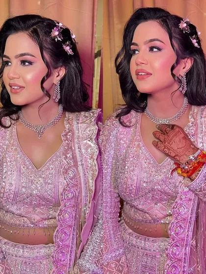A dual shot showing off the beautiful hairstyle with floral accessories and the soft pink makeup. This look is perfect for a romantic engagement evening.