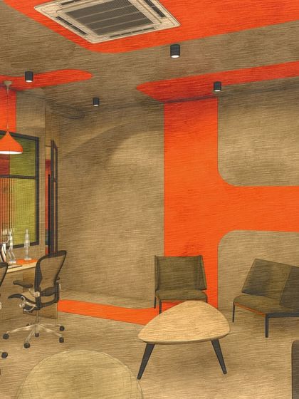 A comparison of the render and the final photo for the faculty lounge, highlighting the successful implementation of the color and material palette.