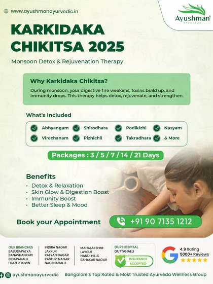 We offer specialized seasonal treatments like Karkidaka Chikitsa, a monsoon detox and rejuvenation therapy. This package includes powerful treatments like Abhyangam and Shirodhara to boost immunity, improve skin glow, and enhance digestion when the body is most receptive to healing.