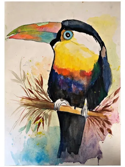 A close-up of the watercolour toucan, showcasing the vibrant colours and the delicate, blended effects that are possible with this medium.