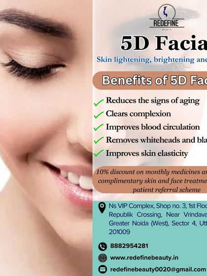 Our 5D Facial is designed for skin lightening, brightening, and glowing. This graphic lists its benefits, such as reducing signs of aging, clearing the complexion, and improving skin elasticity.