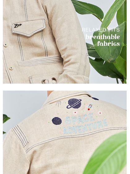 Take a 'Ride to Space' with my Antriksh collection. This image shows the quirky "Space Adventure" embroidery on the back of one of our relaxed, breathable travel shirts.