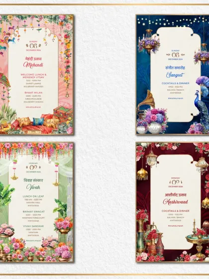 This collection shows how we translate the decor and theme of each wedding event into a unique invitation card. From a vibrant Mehendi to a royal blue Sangeet, each design provides a beautiful preview of the celebration to come.