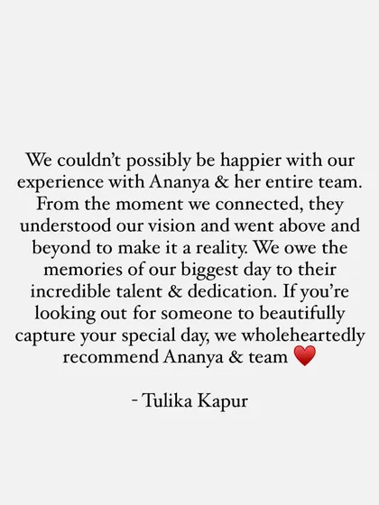 The connection I build with my couples means everything to me. Reading words like these from Tulika reminds me why I pour my heart into every wedding. It’s an honor to be trusted with these memories, and I truly feel like I walk away with new friends every time.