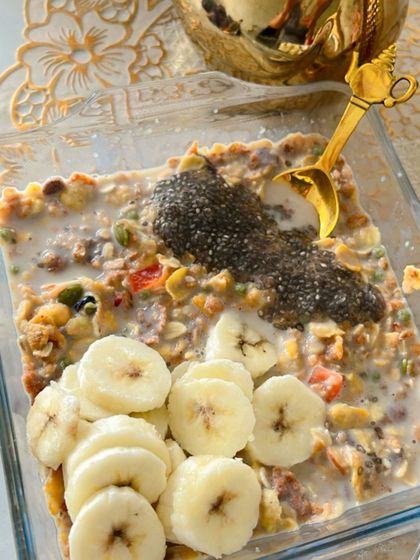 My breakfast bowl with banana slices and soaked chia seeds. This meal is designed to be filling and nutrient-dense, providing sustained energy for the day ahead.