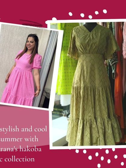 This graphic highlights my summer collection featuring Hakoba fabrics. These lightweight and breathable fabrics are perfect for creating stylish and cool outfits, like the pink and olive green dresses shown here.