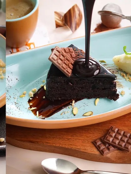 Capturing the perfect chocolate pour is all about timing and lighting. This image makes the dessert look incredibly decadent, with the glossy sauce cascading over a rich chocolate cake, a surefire way to tempt customers.